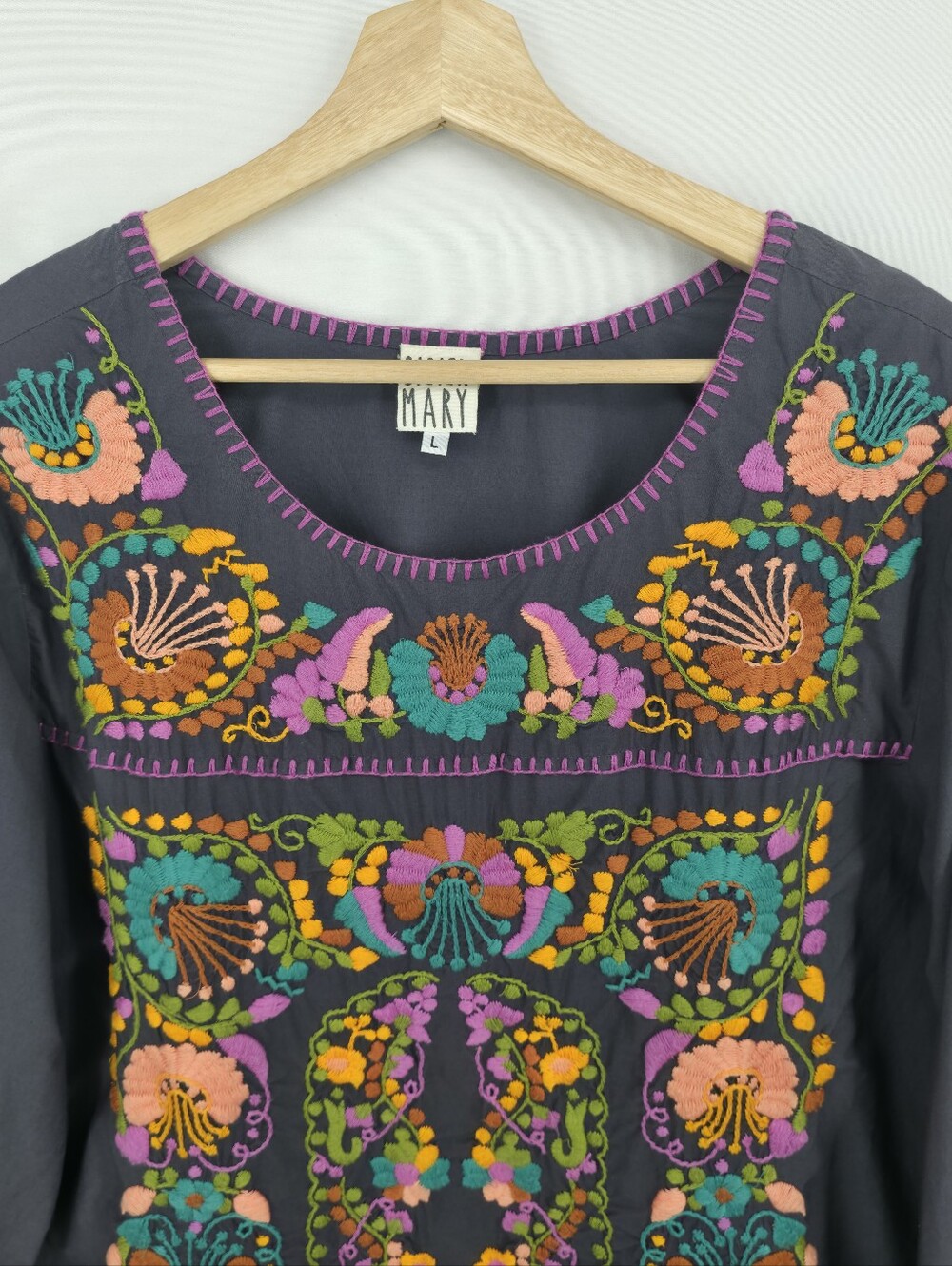 Sister Mary Embroidered Cotton Tunic Dress Large Gray Boho Folk Floral Artisan - Picture 3 of 16
